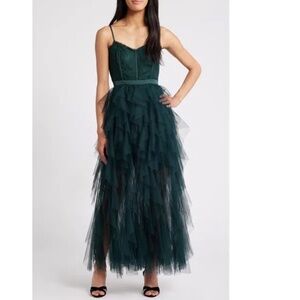 NEW CHELSEA28 Green SWEETHEART Corset LACE Bustier LAYERED TULLE Tiered GOWN M